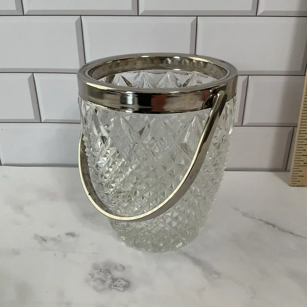 Vintage Clear Cut Glass Ice Bucket Diamond Pattern 6” Silver Handle Beautiful